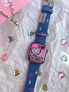 Cute Denim Blue & Pink Apple Watch Band Series 1 2 3 4 5 6 7 8 9 Ultra Generation 38mm 40mm 41mm 42mm 44mm 45mm 49mm Chain Apple Watch Strap Pink Apple Watch, Pink Apple Watch Band, Pink Color Combination, Apple Watch Stand, Denim Embroidery, Watch Stand, Phone Ideas, Pink Apple, Apple Watch Accessories