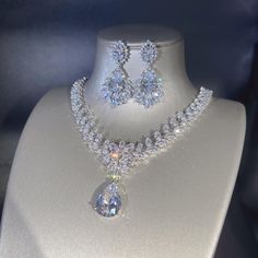 Synthetic Cubic Zircon Oxide Necklace Earring Set - Trendha Wedding Necklace Set, Wedding Jewelry For Bride, Diamond Jewelry Set, Silver Chandelier Earrings, Cocktail Earrings, Bridal Necklace Set, Zircon Jewelry, Fashion Jewelry Sets, Teardrop Necklace