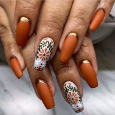 30+ Stunning Short Nails Ideas and Designs 2023 | Spring Nail Art Gel Oaxaca Nails, Swedish Nail Art, Black Mexican Nails, Hispanic Heritage Nails, Fun Orange Nails, Fall Flowers Nails, Mexican Flower Nails, Marigold Nails, Cantarito Nails