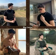 four different shots of a man with no shirt on sitting in a chair and holding something up to his chest