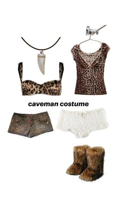 four different types of clothes with the words caveman costume on them and an animal print bra