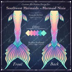 two mermaid tails with the words southwest mermaids - mermaid nixie on them