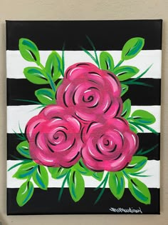 a painting of pink roses on black and white stripes