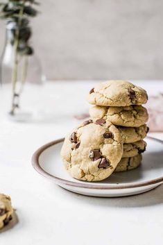 chocolate chip cookies stacked on a plate