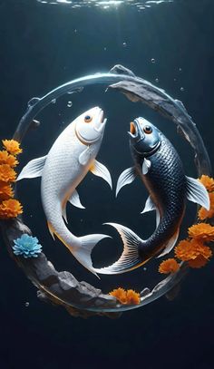 two fish in a circle surrounded by flowers