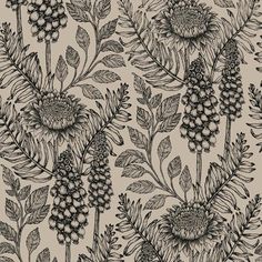 a black and white drawing of flowers on a beige background with leaves, berries and buds