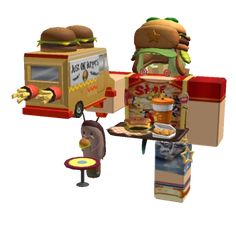 an animated hamburger and hot dog stand next to each other