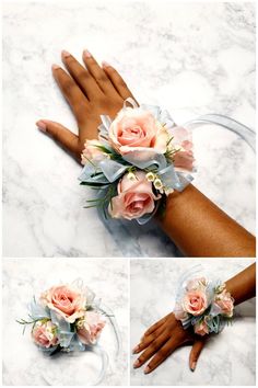 three pictures of hands with flowers on them