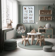 a child's room with toys and decor in pastel green, white and grey colors