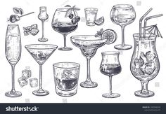 hand drawn cocktail glasses with different drinks and garnishes on the rims