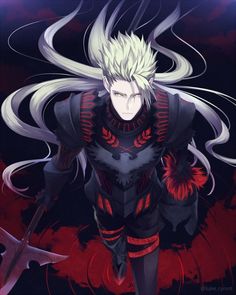 an anime character with white hair and red eyes, holding two swords in his hands