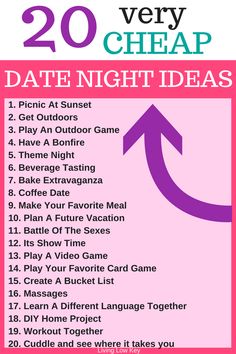 a pink poster with an arrow pointing to the top 20 very cheap date night ideas