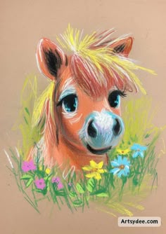 a pastel drawing of a pony with blonde hair and blue eyes laying in the grass