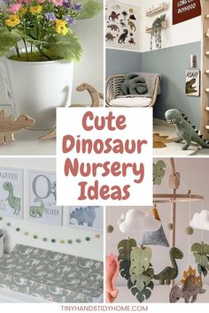 Collage of dinosaur themed nursery ideas. The text over the image reads, "cute dinosaur nursery ideas". Neutral Dinosaur Nursery, Dinosaur Nursery Ideas, Nursery Theme Gender Neutral, Themed Nursery Ideas, Dinosaur Themed Nursery