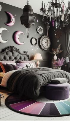 a bedroom decorated in shades of purple and grey with lots of clocks on the wall