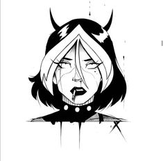 a black and white drawing of a woman with horns on her head, looking surprised