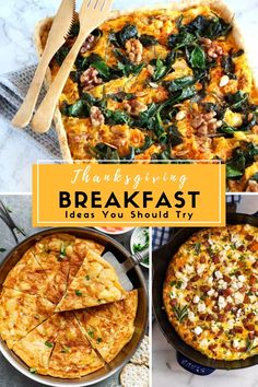 there is a collage of pictures with different types of breakfast foods in them and the words thanksgiving breakfast ideas you should try