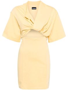 light yellow cotton jersey texture split neck short sleeves twist detailing cut-out detailing rear hook fastening rear zip fastening straight hem thigh-length City Dress, Midi Dress Party, Vestido Casual, Cut Tshirt, Cut Shirts, Yellow Dress, Light Yellow, T Shirt Dress, Denim Dress