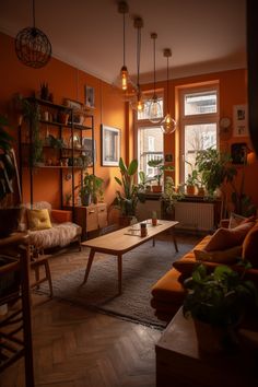 a living room filled with furniture and lots of plants on the windows sills