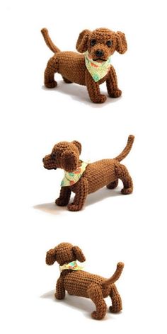 three crocheted dogs with bandannas on their heads and tails, one is brown