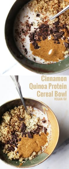 two pictures showing the process of making cinnamon quinoa protein cereal bowl