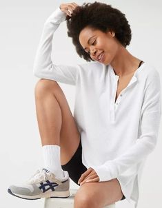 OFFLINE By Aerie Wow! Waffle Henley T-Shirt Aerie Clothing, Waffle Henley, Aerie Offline, Henley Long Sleeve, Waffle Shirt, Offline By Aerie, White Long Sleeve Top, Cute Preppy Outfits, Jeans Mom