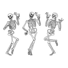 three skeletons in different poses holding drinks