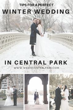 a bride and groom standing in front of a bridge with the words tips for perfect winter wedding