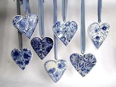 blue and white hearts hanging from strings