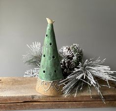 a small green christmas tree sitting on top of a wooden table next to pine cones