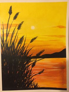 an acrylic painting of the sun setting over water with grass in foreground