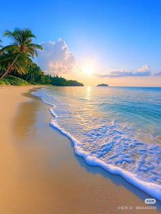 the sun is setting over an ocean beach with palm trees and waves crashing on it