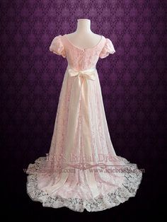 Pink Regency Empire Waist Formal Prom Dress Empire Waist Wedding Dress, Pearl Anniversary, Regency Gown, Lace Evening Dress, Formal Prom Dress, Regency Dress, Wedding Robe, Satin Sash, Garden Dress