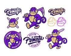 the purple monkey mascot stickers are all different colors and sizes, including one with an angry