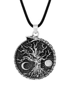 PRICES MAY VARY. Beautifully designed Viking pendant necklace featuring Yggdrasil, the sun, crescent moon, and Ouroboros Jormungandr Made from high-quality zinc alloy with an antique silver finish, meticulously crafted with intricate details Measures about 1.26 inches (3.2 cm) in diameter and arrives ready to wear on a 19.7" (50 cm) faux leather cord A stunning piece of jewelry that makes a wonderful Valentine's Day, Christmas, birthday, or anniversary gift If there is any problem with your purc Midgard Serpent, Raven Pendant, Necklace Sun, Viking Pendant, Viking Necklace, Gothic Necklace, Viking Jewelry, Crescent Moon, Intricate Details