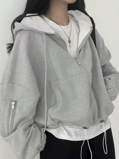 Ladies' Solid Color Zipper Hoodie With Pockets, Long Sleeve, Casual Light Grey Casual  Long Sleeve Polyester Plain Zip Up Slight Stretch  Women Clothing, size features are:Bust: ,Length: ,Sleeve Length: Winter Half-zip Sweatshirt With Double-lined Hood, Solid Color Long Sleeve Hoodie With Zipper, Hoodie With Zipper Closure And Long Sleeves, Solid Long Sleeve Hoodie With Zipper Closure, Oversized Hoodie With Zipper Closure, Oversized Long Sleeve Hoodie With Zipper, Oversized Zipper Hoodie With Long Sleeves, Oversized Long Sleeve Hoodie With Zipper Closure, Casual Gray Half-zip Hoodie