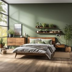 a bedroom with green walls and wooden floors, plants on the shelf above the bed