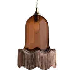 a brown hanging light with fringes on the bottom and an open bulb above it