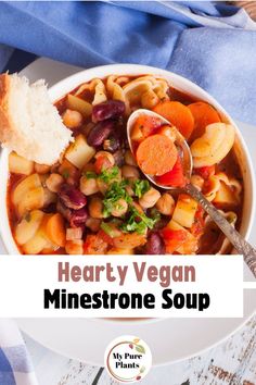 hearty vegan minestone soup in a white bowl