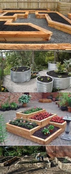 several different types of raised garden beds in various stages of being made into planters