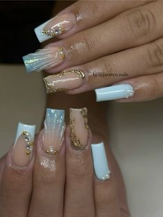 Long square seashell nails with gold accents and blue🩵 Beach Nail Designs Square, Square Ocean Nails, Aphrodite Nails Square, Square Seashell Nails, Caribbean Nail Designs, Holiday Beach Nails, Light Blue And Gold Nail Designs, Mermaid Nails Square, Gold And Light Blue Nails