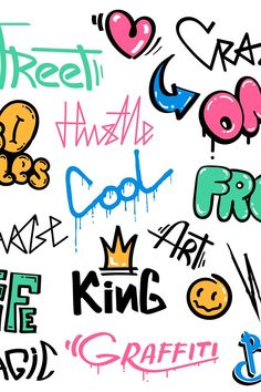 some graffiti writing on a white background with different colors and shapes in the font area