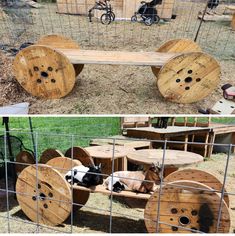 two pictures side by side, one with wheels and the other with sheep in it