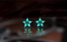 Those earrings are made in Sterling Silver 925 and glow in the dark Turquoise, you can choose any glow in the dark color you want! There is 5 cubic zirconias that are glowing in the dark at night and shine on daylight.Earrings: 1.2cm x 1.2 cm I use the highest quality glow in the dark materiel. Compared with regular sulfide photoluminescent pigments it have 10 times higher and longer afterglow luminance and afterglow time.You have to charge the earrings by holding it under the light a few minute Dark Earrings, Dark Blue Earrings, Glowing In The Dark, Dark Jewelry, Dark Turquoise, Fantasy Jewelry, Small Earrings, Hand Made Jewelry, Blue Earrings