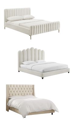 three different types of beds with white linens