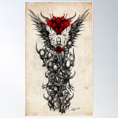 a poster with an image of a demon on it's face and arms, surrounded by skulls