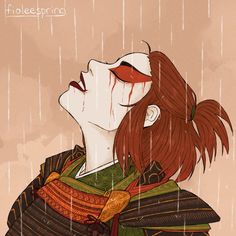 a drawing of a woman with red hair in the rain