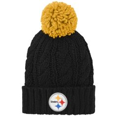 Help your kiddo keep their head warm and demonstrate their love for the Pittsburgh Steelers with this Cable cuffed knit hat with pom. This fun knit hat features a classic woven knit design and an embroidered team graphic on the cuff. The pom on top comes in the team's secondary color, meaning everyone will see your youngster is a Pittsburgh Steelers supporter through and through. Steelers Outfit, Pittsburgh Steelers Hats, Steelers Gear, Steelers Girl, Shield Design, Girls Black, Kids Hats, Cozy Knits, Pittsburgh Steelers