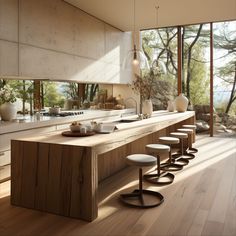 a kitchen with wooden counter tops and stools in front of a large glass window