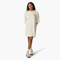 The Mapleton is a relaxed fit t-shirt dress made of a comfortable jersey fabrication. It features our iconic Dickies logo on the front and flat locked seam detailing. The casual silhouette is made for daily wearing. Dickies Shorts, Dickies Women, Hem Style, White Shirt Dress, Work Shirts, Dress White, T Shirt Dress, Dress Making, Pullover Sweaters